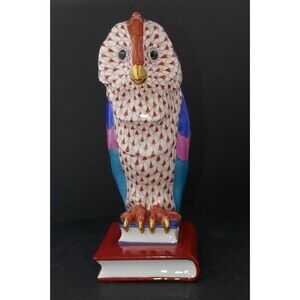 Herend Fishnet Owl on Books Medium Handpainted Porcelain Figurine 5104 Hungary